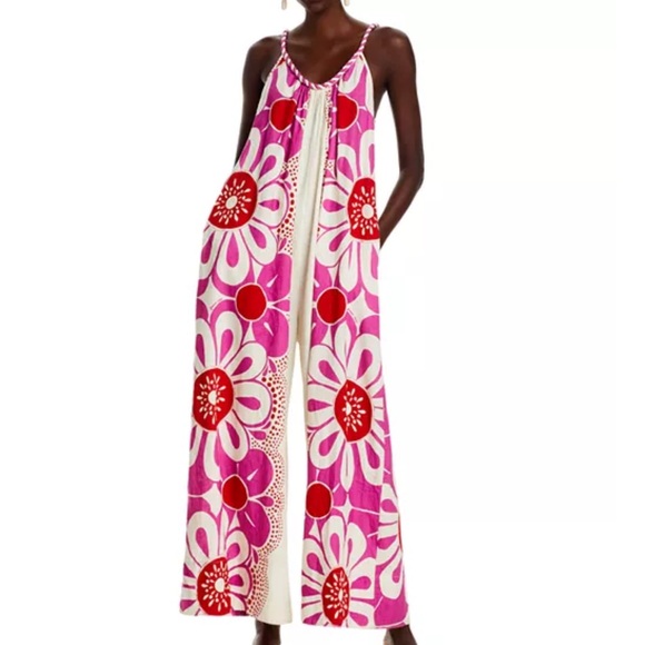 FARM Rio Pants - Farm Rio Maia Rope Trim Cotton Jumpsuit, Pink Floral, Size M